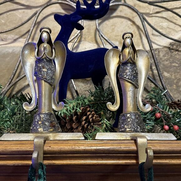Pier 1 Imports Angel Christmas Stocking Hanger Holder Pair Iron Antique Pewter - Picture 1 of 16